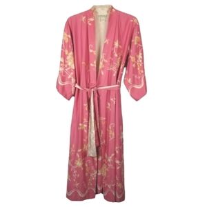 Natori Womens Vintage Long Robe Textured Satin Tie Front Floral Pink Size Medium